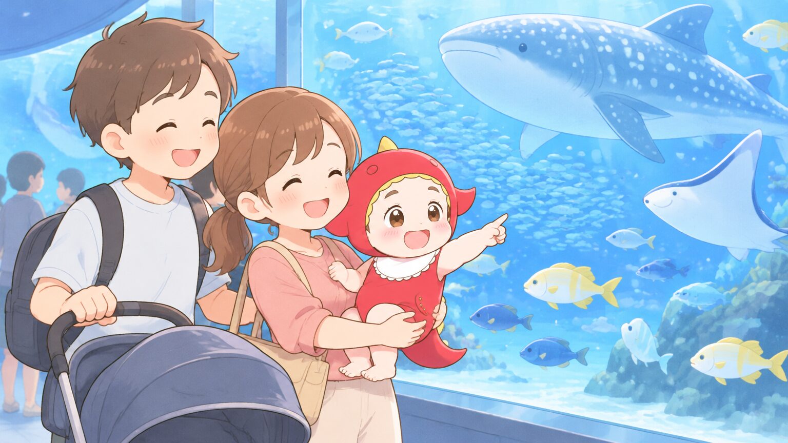 青い大水槽の前でベビーカーを止め、1歳の子どもを抱っこして魚を指さす笑顔のママとパパ