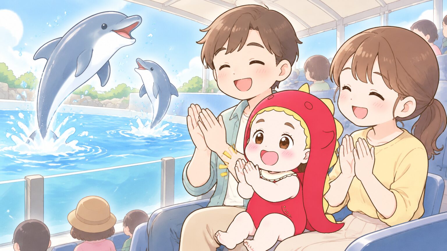 ドルフィンスタジアムの屋根付き観覧席で、イルカのジャンプを見て拍手する2歳くらいの子どもと両親