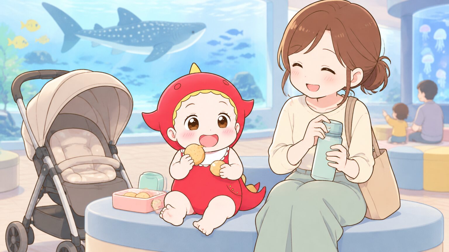 水族館の休憩エリアでおやつを食べる1歳の子どもと、ベビーカーのそばで水筒を持つママ