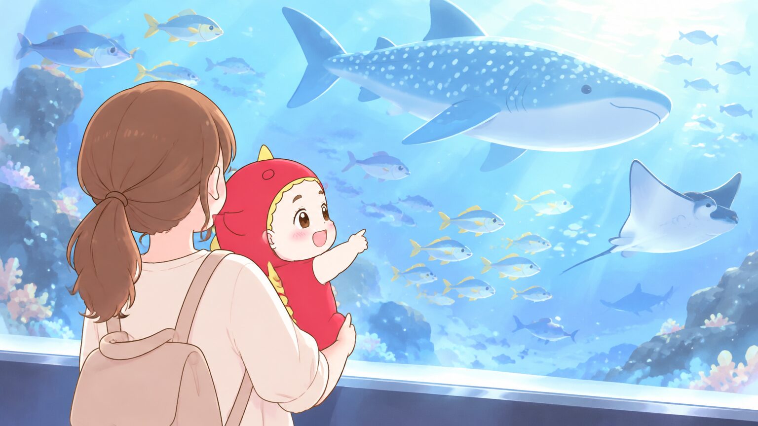 青い大水槽の前で赤ちゃんを抱っこしてやさしく話しかけるお母さんの後ろ姿、水槽の光が差し込む穏やかな雰囲気