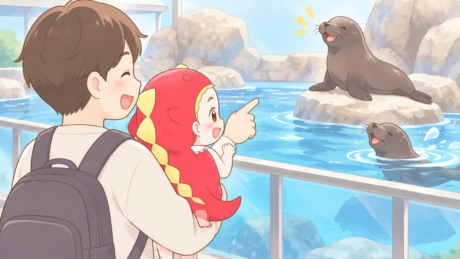アシカのプールを柵越しに見つめる2歳くらいの子どもを抱っこして、笑顔で指さしするお父さんの後ろ姿