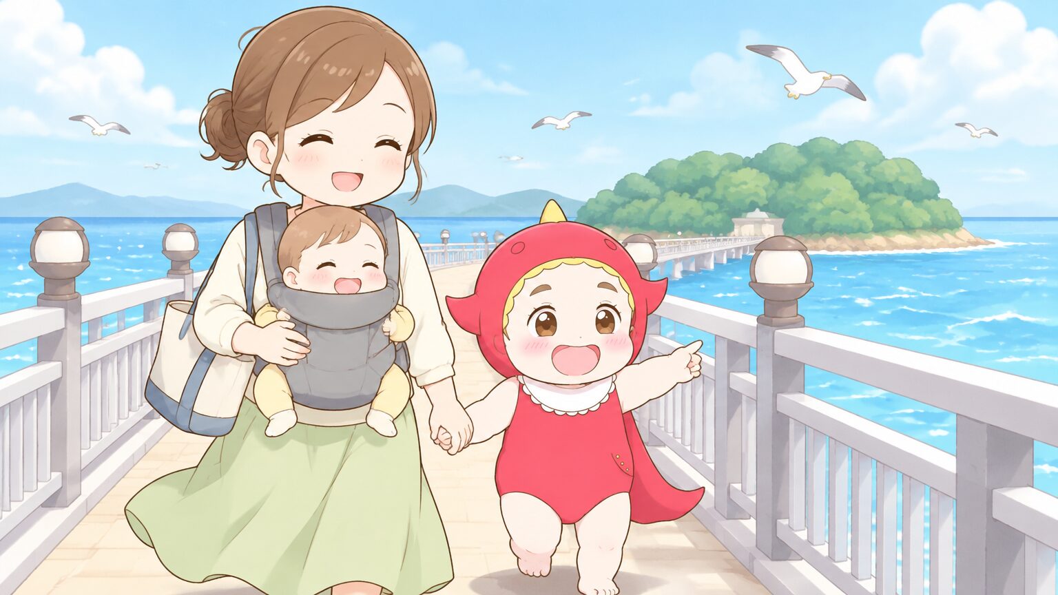 竹島に続く橋の上を、抱っこ紐の赤ちゃんと一緒に海風を感じながらゆっくり歩く親子の様子