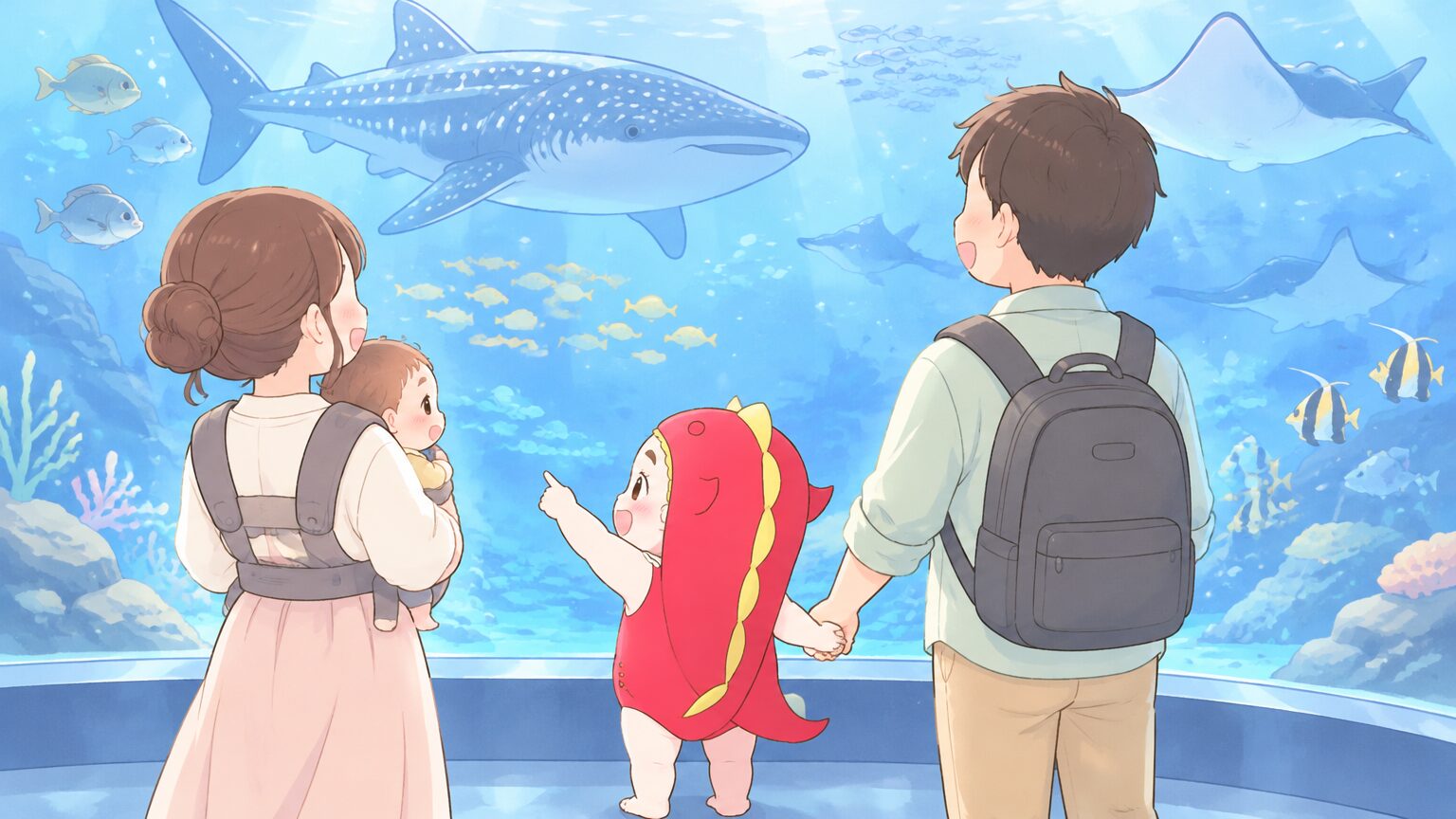 抱っこひもで赤ちゃんを抱いた母親と、手をつないだ幼児の父親が、大きな水槽の前で魚を指さしている家族の後ろ姿