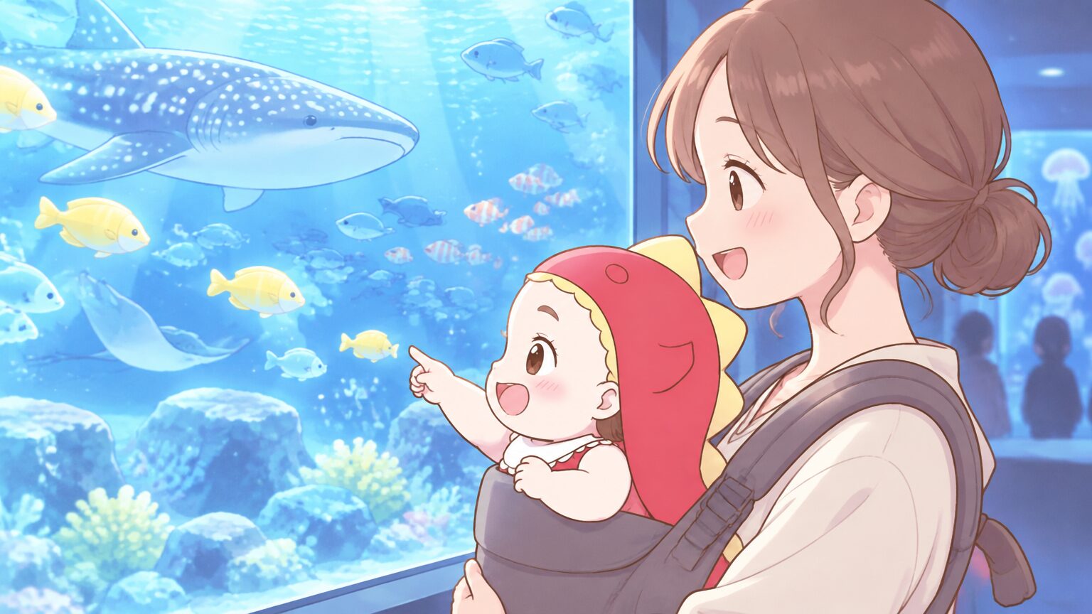 水槽の青い光に照らされながら、抱っこひもの赤ちゃんに魚を見せている母親の横顔