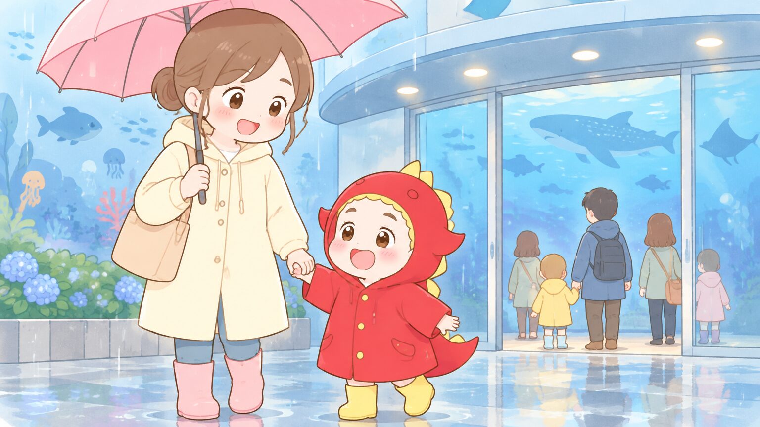 雨の日、レインコート姿の幼児が水族館の入口前で、母親と手をつないで入館を待っている様子