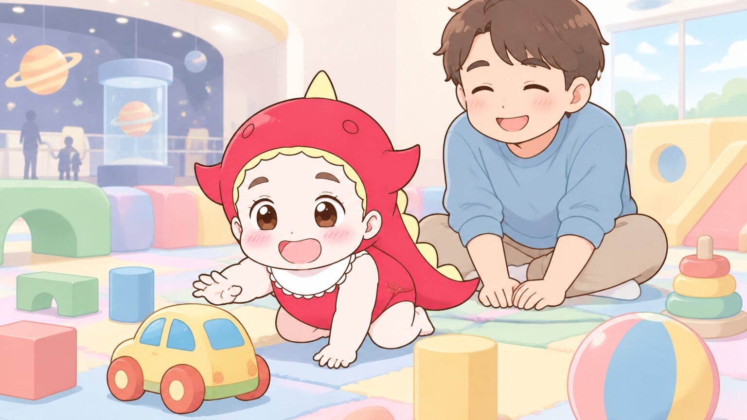 クッション性のある床で、おもちゃに手を伸ばして遊ぶ1歳くらいの子どもと、そばで見守る父親