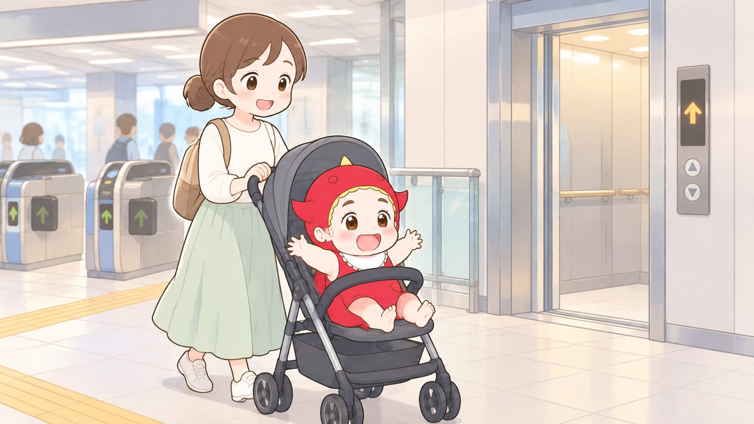 六本松駅の改札を出て、ベビーカーを押しながらエレベーターに向かう親子連れ