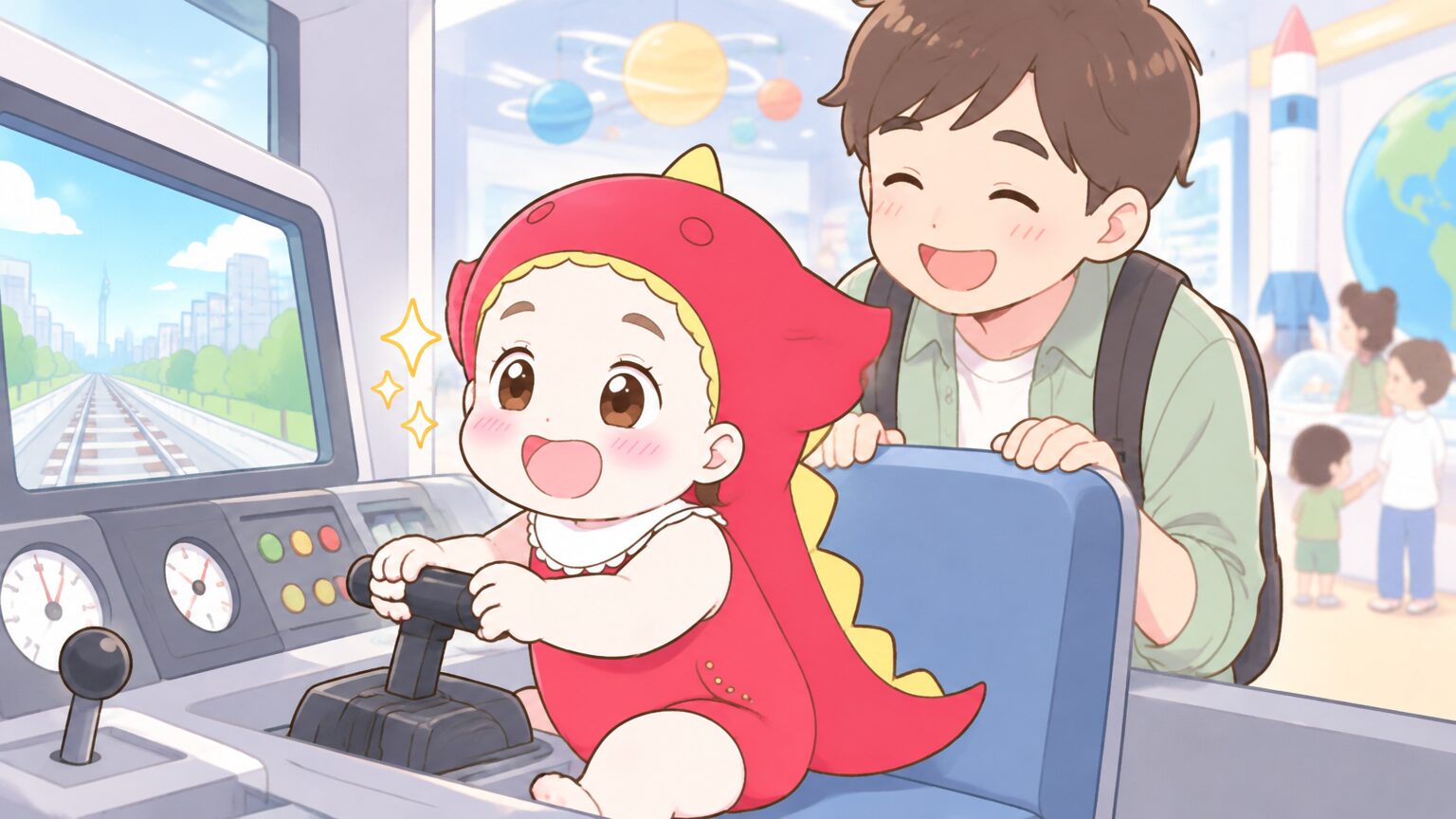 3階の展示で電車の運転席に座って目を輝かせる2歳くらいの男の子と、後ろで見守るパパ