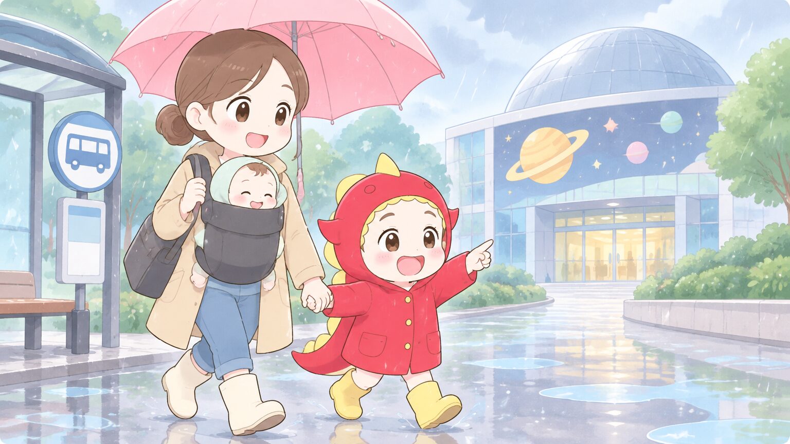 雨の日に傘を差してバス停から科学館へ向かう、抱っこひもで赤ちゃんを抱いた母親とレインコートを着た3歳の子ども