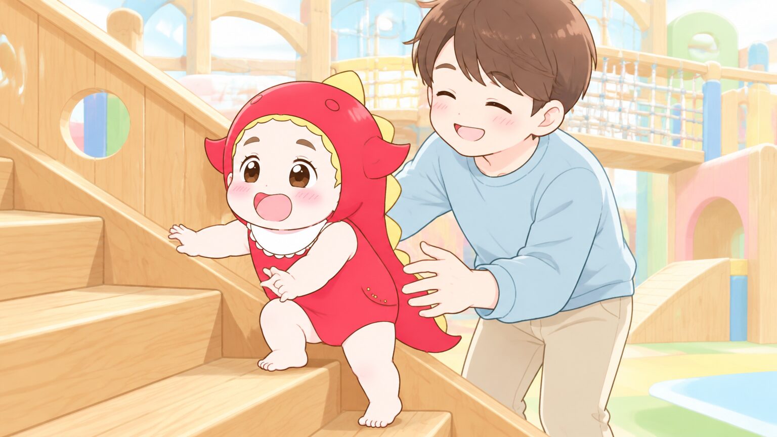 木製の階段やスロープをよちよち歩きで上る1歳半くらいの子どもと、後ろで手を添える父親