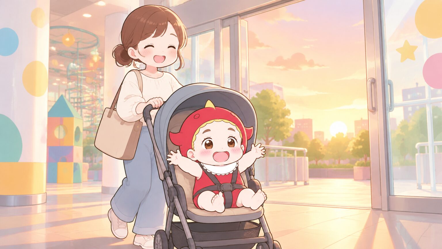 夕方のやわらかい光の中、ベビーカーを押して施設の出口へ向かう笑顔の親子