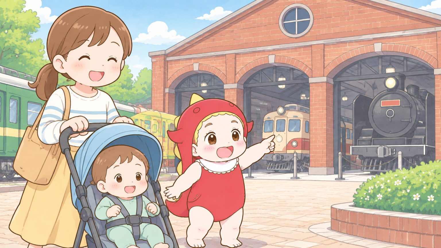 赤レンガの本館の前で、ベビーカーを押す母親と電車を指さす2歳くらいの男の子