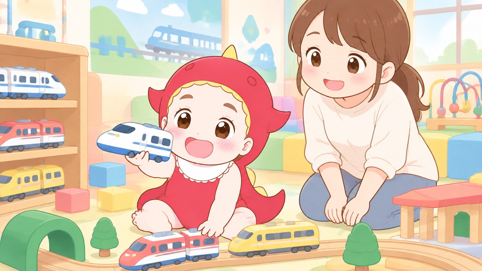 本館1階のキッズルームで、新幹線や特急のおもちゃを手に遊ぶ1歳くらいの子どもと見守る親