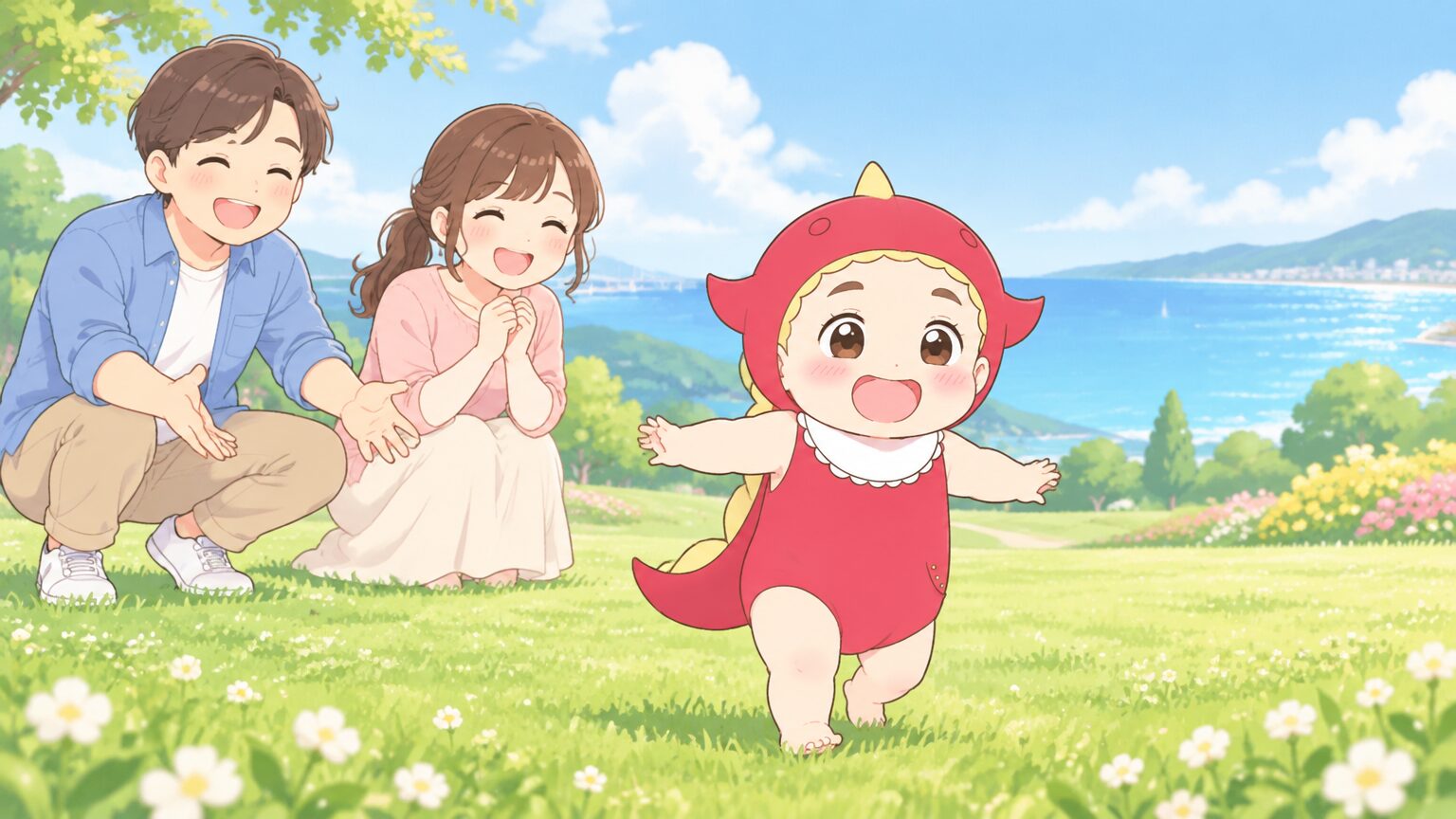 青空の下、広い芝生の上をよちよち歩く1歳の男の子と、後ろから見守る両親。遠くに海が見える