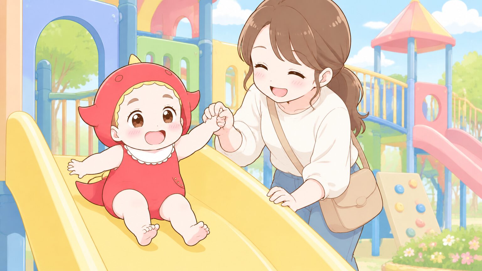 カラフルな大型複合遊具のそばで、2歳の女の子がお母さんの手を握ってすべり台に挑戦している様子