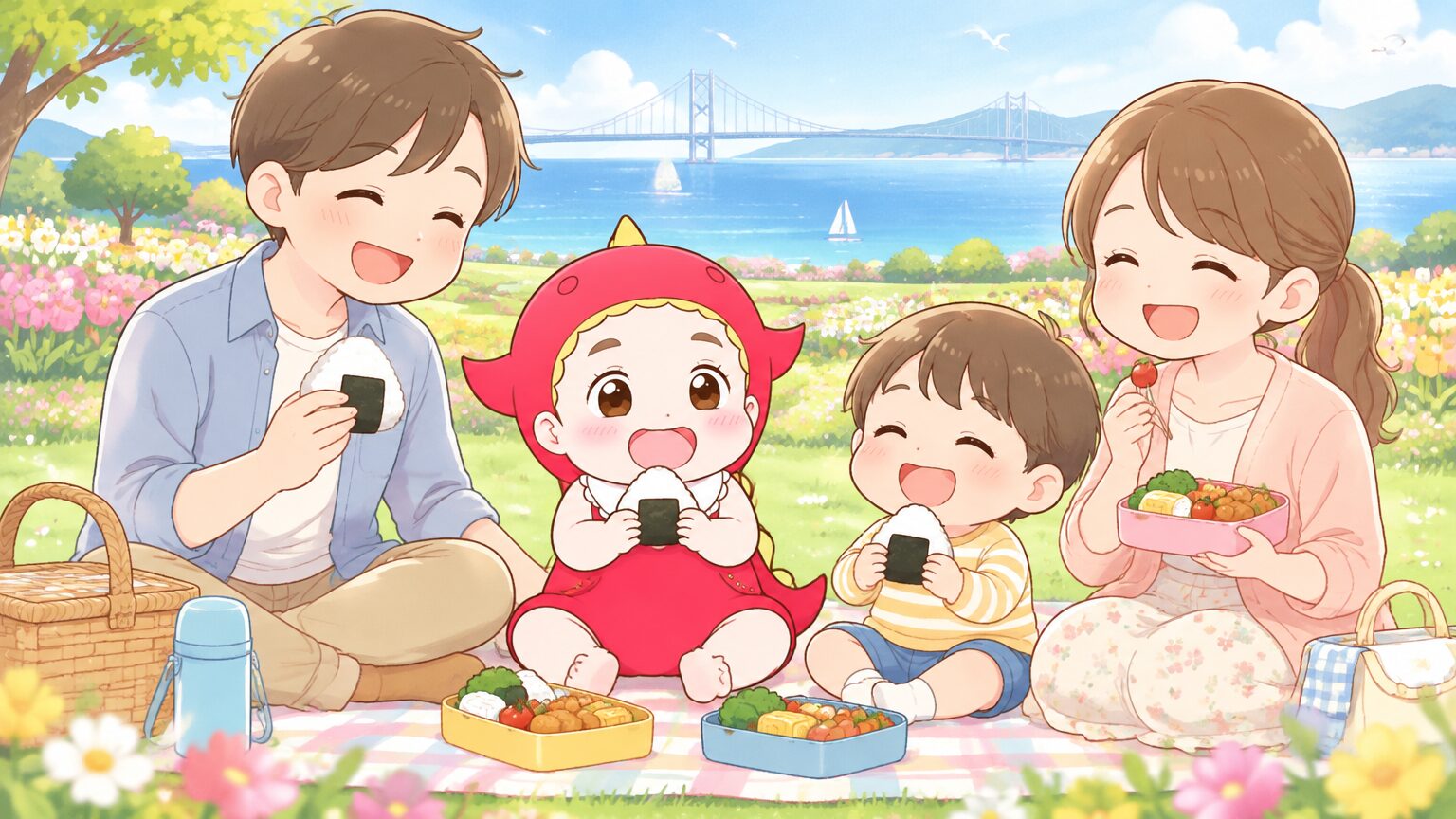 芝生の上でレジャーシートを広げ、親子3人でお弁当を食べながら笑顔で過ごす家族、背景に花壇と海