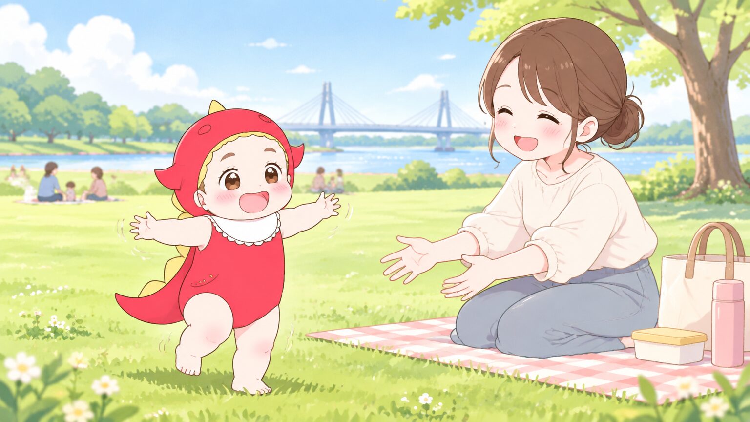 広い芝生広場でレジャーシートを敷き、よちよち歩きの1歳の子が両手を広げて歩くのをママが笑顔で見守る休日の昼間