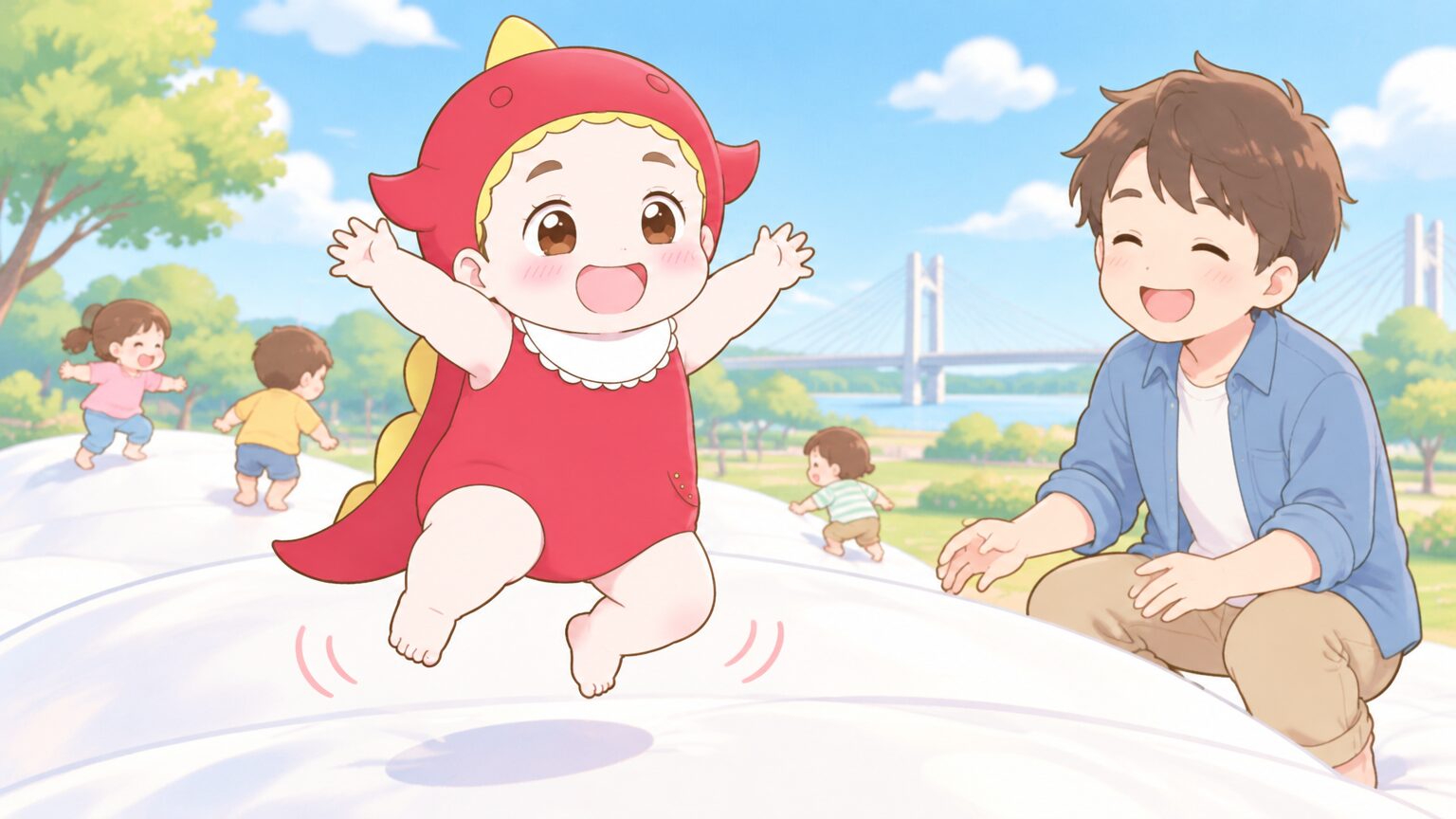 青空の下、巨大な白いフワフワドームで靴を脱いだ2歳の男の子がはしゃぐ姿と、そばで見守るパパ