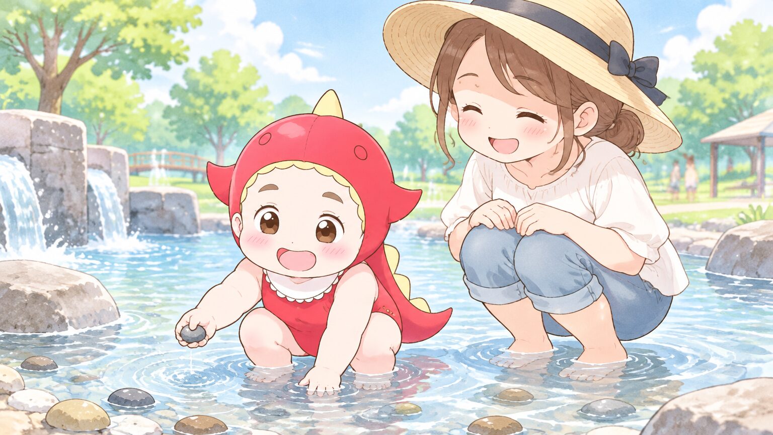 夏の浅い水遊び場で水着姿の2歳の女の子が小石をつかんで遊び、麦わら帽子のママがすぐ横でしゃがんで見守る様子