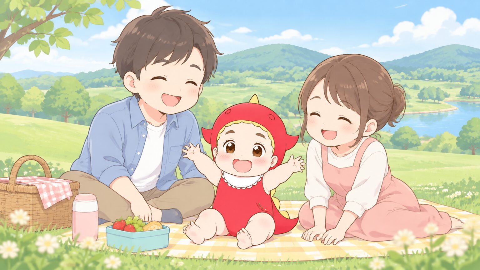 芝生広場にレジャーシートを広げ、1歳くらいの赤ちゃんと座って笑顔で過ごす両親、背景に青空と丘陵