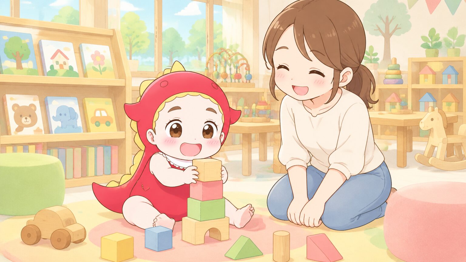 木のおもちゃや絵本が並ぶ明るい屋内の遊び場で、積み木で遊ぶ2歳くらいの子どもとそばで見守る母親