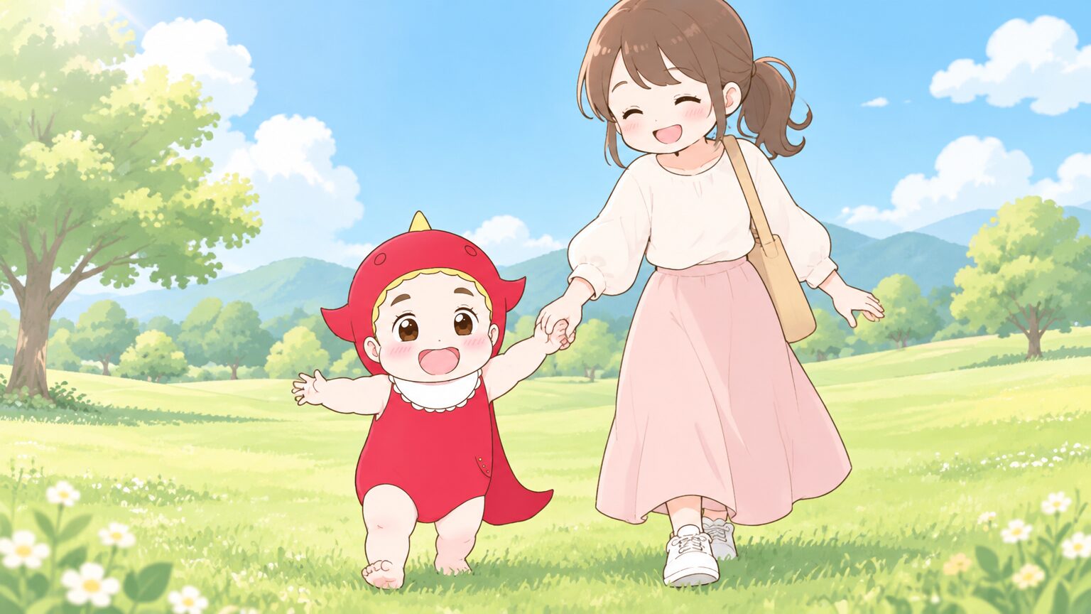 青空の下の広い芝生広場で、1歳ぐらいの子どもがママに手を引かれてよちよち歩きをしている様子