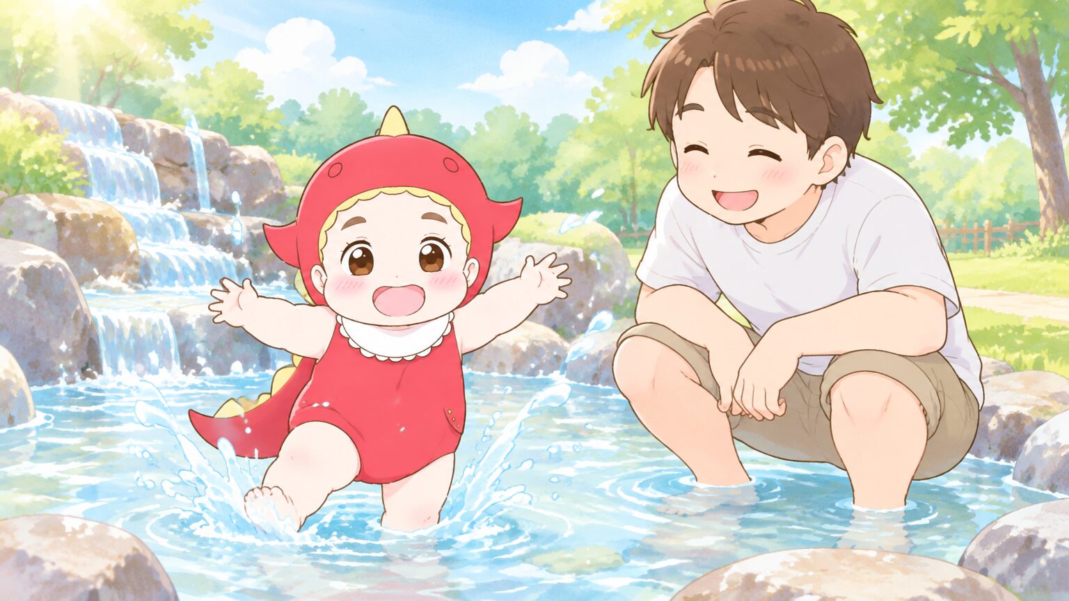 夏の日差しの中、浅い水場で水遊びを楽しむ2歳の子どもと見守る笑顔のパパ