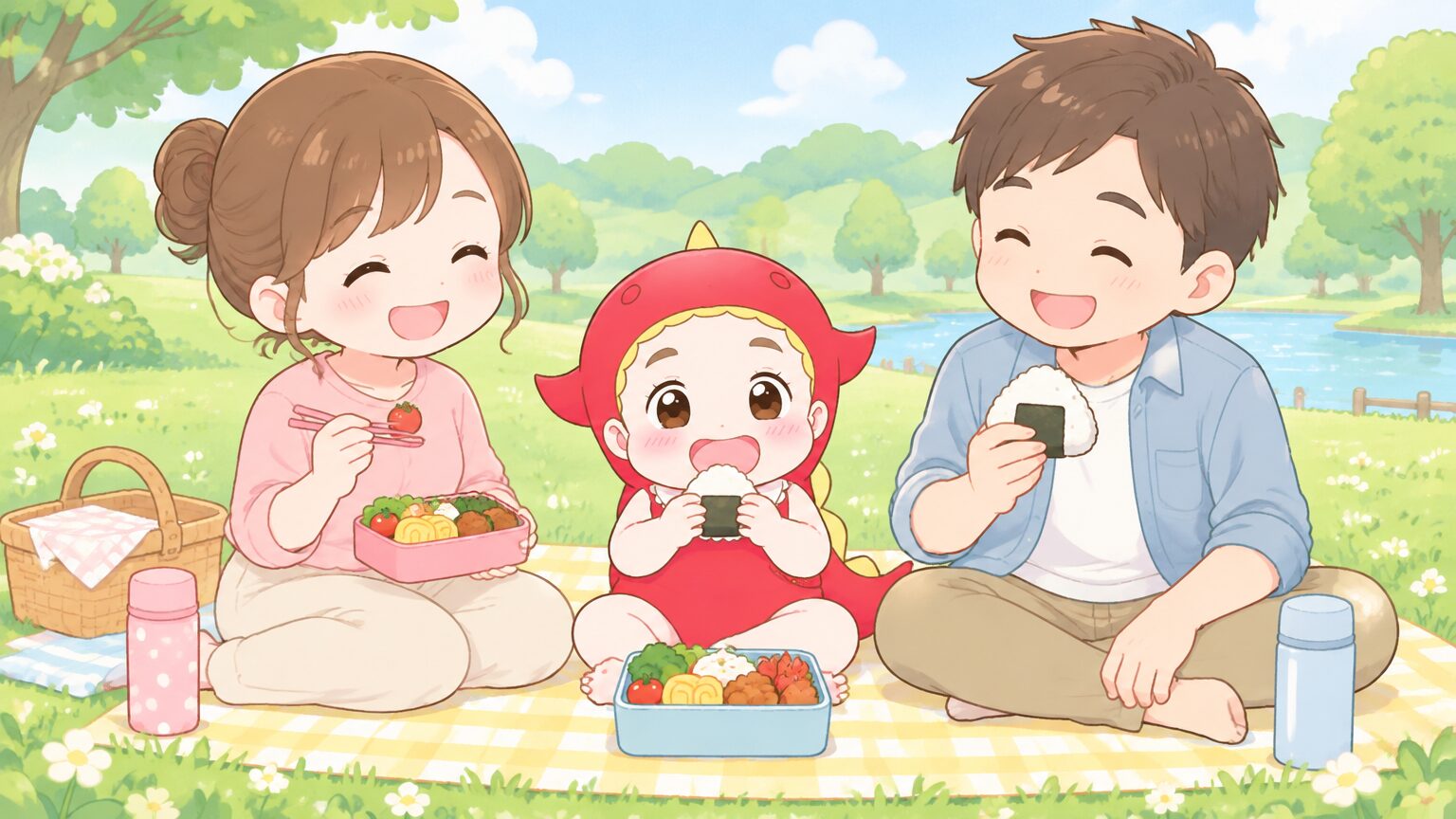 芝生の上にレジャーシートを広げ、お弁当を囲んで笑顔で食事をする3人家族