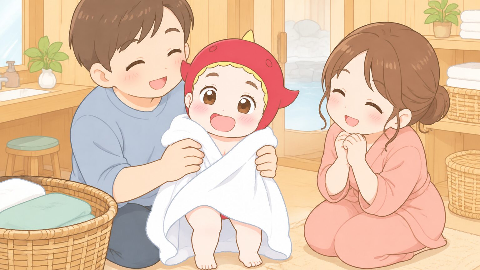 木の香りがする家族風呂の脱衣スペースで、パパが1歳の赤ちゃんをバスタオルで包み、ママが笑顔で見守っている様子