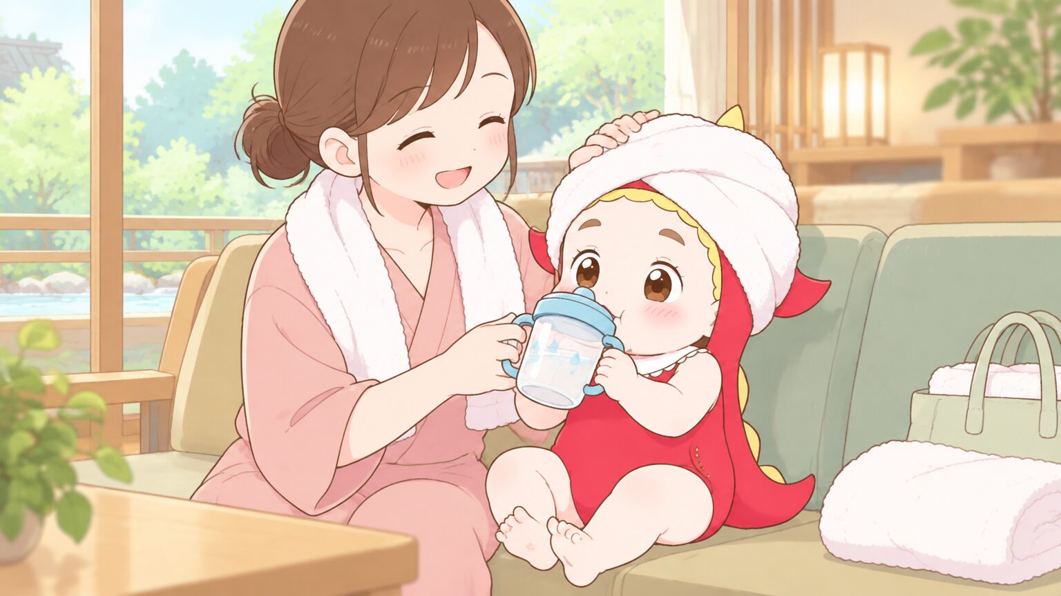 湯上がりの休憩スペースで、ママが1歳の赤ちゃんにマグから水を飲ませ、タオルで髪を包んでいる穏やかな様子