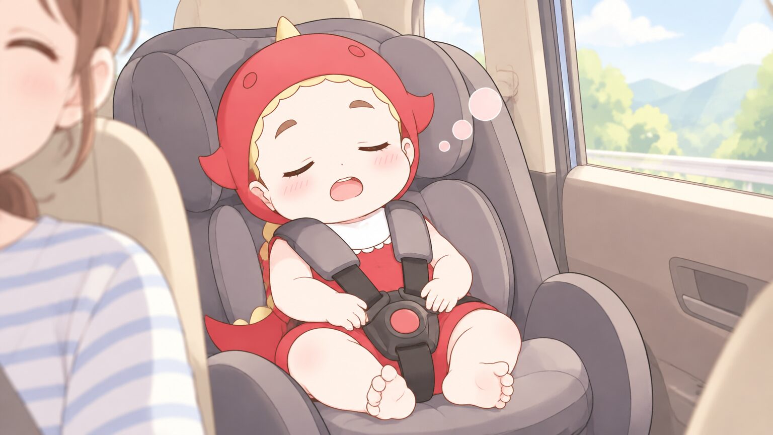 帰りの車のチャイルドシートで、湯上がりの1歳児が気持ちよさそうに眠っている穏やかな様子