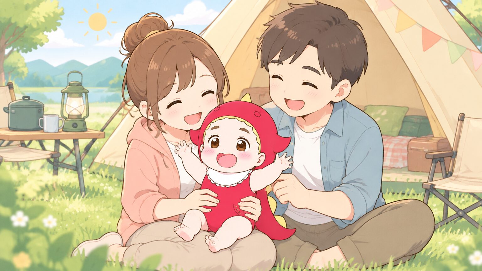 朝の芝生のキャンプ場でテントの前に座り、1歳くらいの子どもを膝に乗せて笑い合う両親