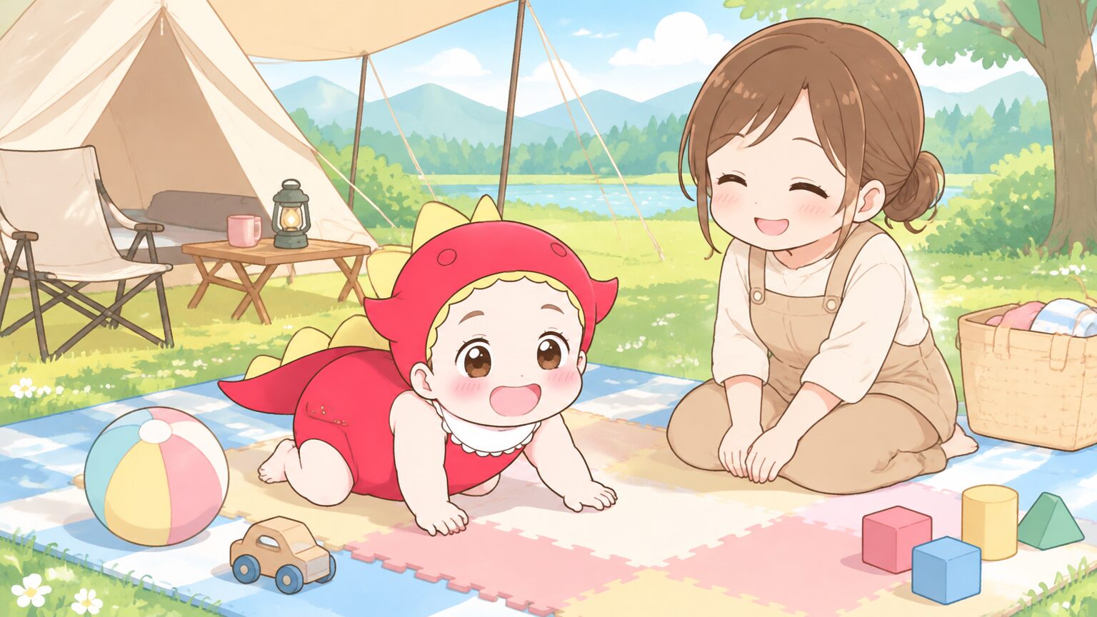 平らな芝生のサイトにレジャーシートとジョイントマットを敷き、ハイハイする赤ちゃんを見守る母親