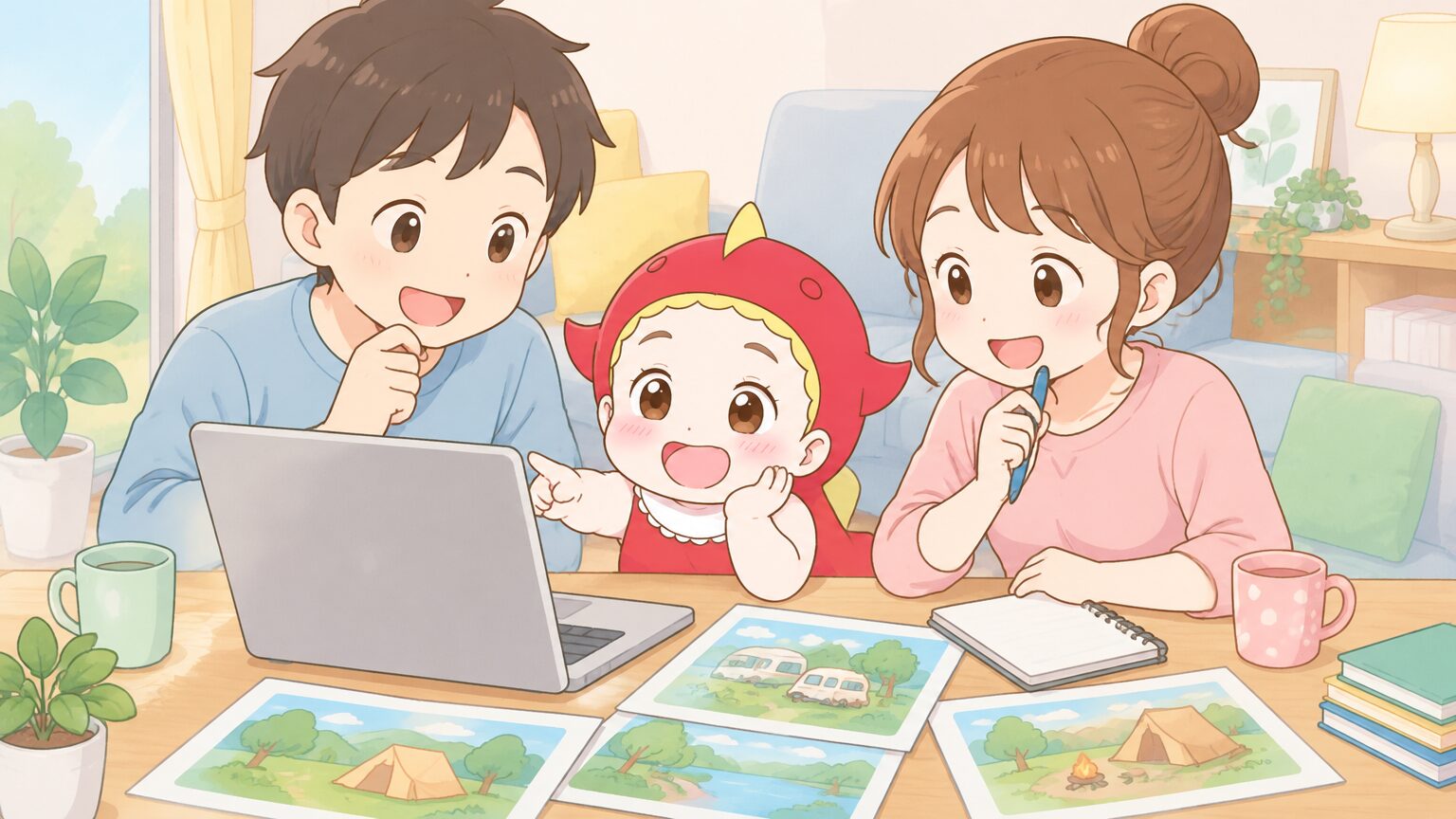 リビングのテーブルでノートパソコンとメモを広げ、キャンプ場の候補を夫婦で話し合う様子