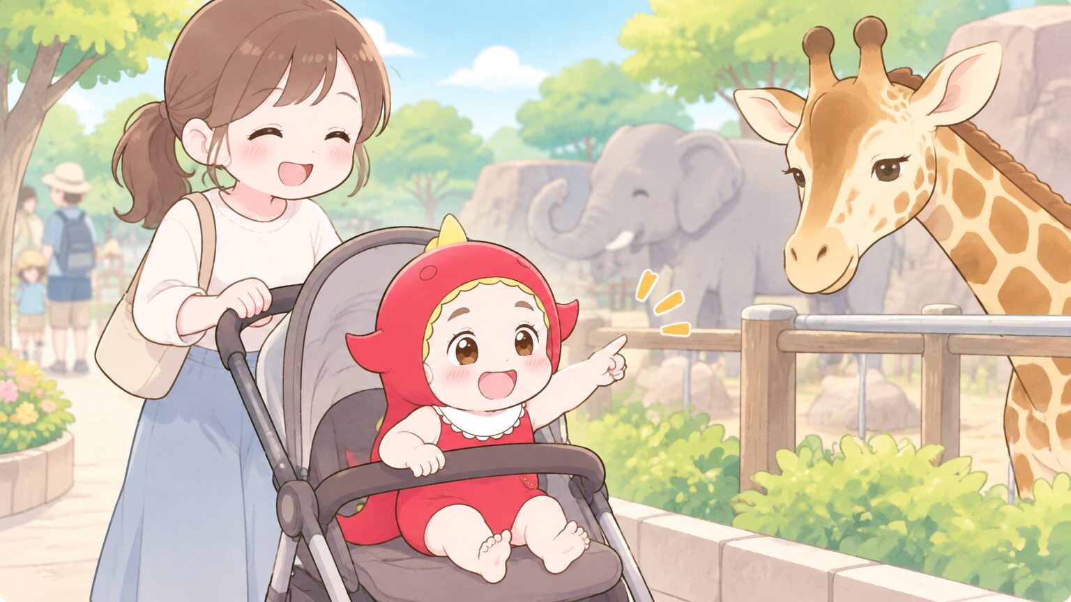 平日の午前中に動物園の園路をベビーカーで散歩する母親と、柵越しに動物を指さす1歳児の様子