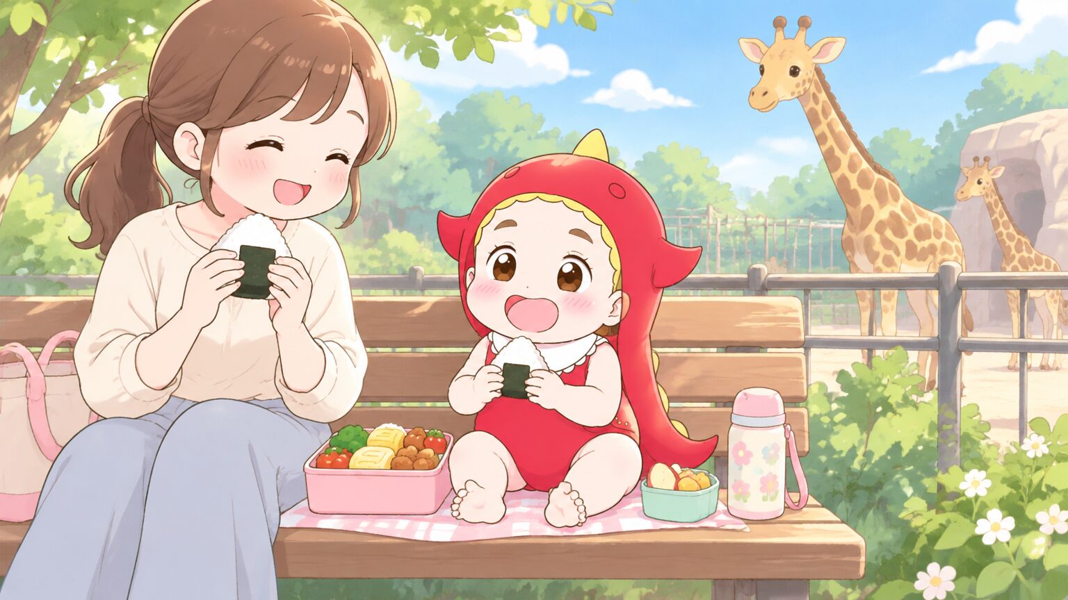 動物園のベンチで、お弁当とおやつを広げて休憩する親子と、背後にキリンが見える穏やかな午後の風景