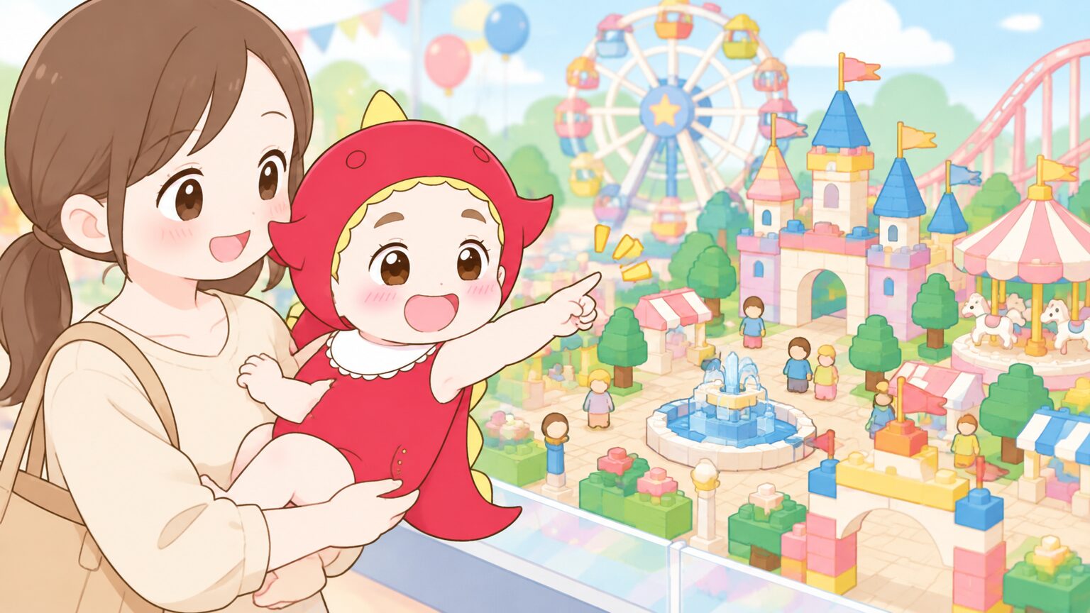 カラフルなブロックで作られたミニチュアの街並みを、1歳の子どもを抱っこした母親が指さして見せている様子