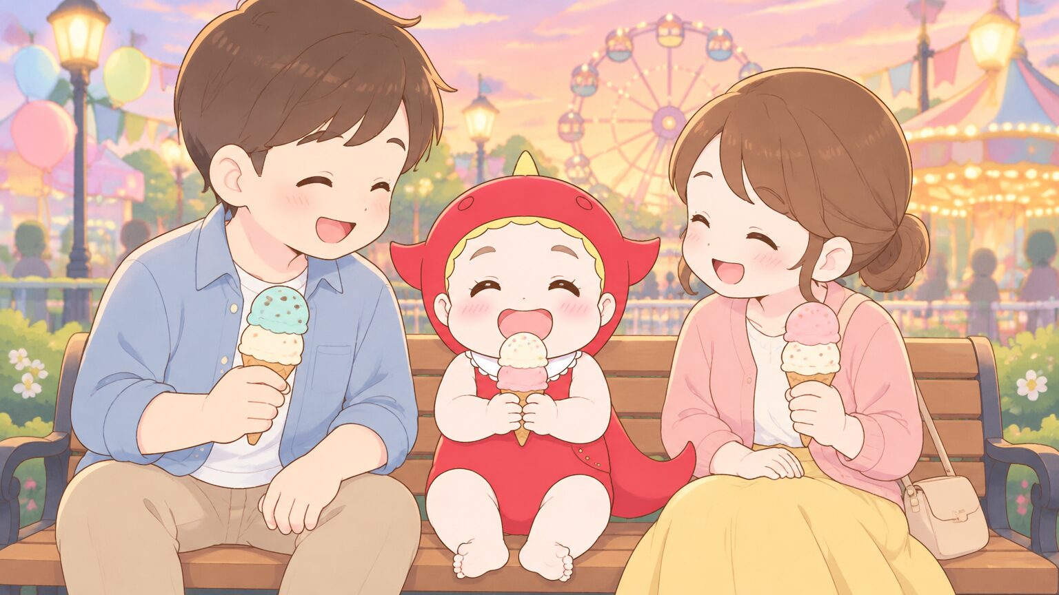 夕方のテーマパーク内のベンチで、お揃いの帽子をかぶった幼児が両親の間でアイスを食べ、家族3人が笑い合っている様子