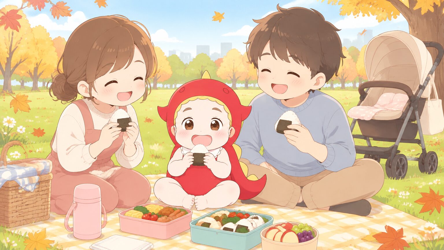 芝生の公園でレジャーシートを広げ、ベビーカーのそばでお弁当を囲む若い夫婦と1歳の子ども、秋の柔らかな日差し