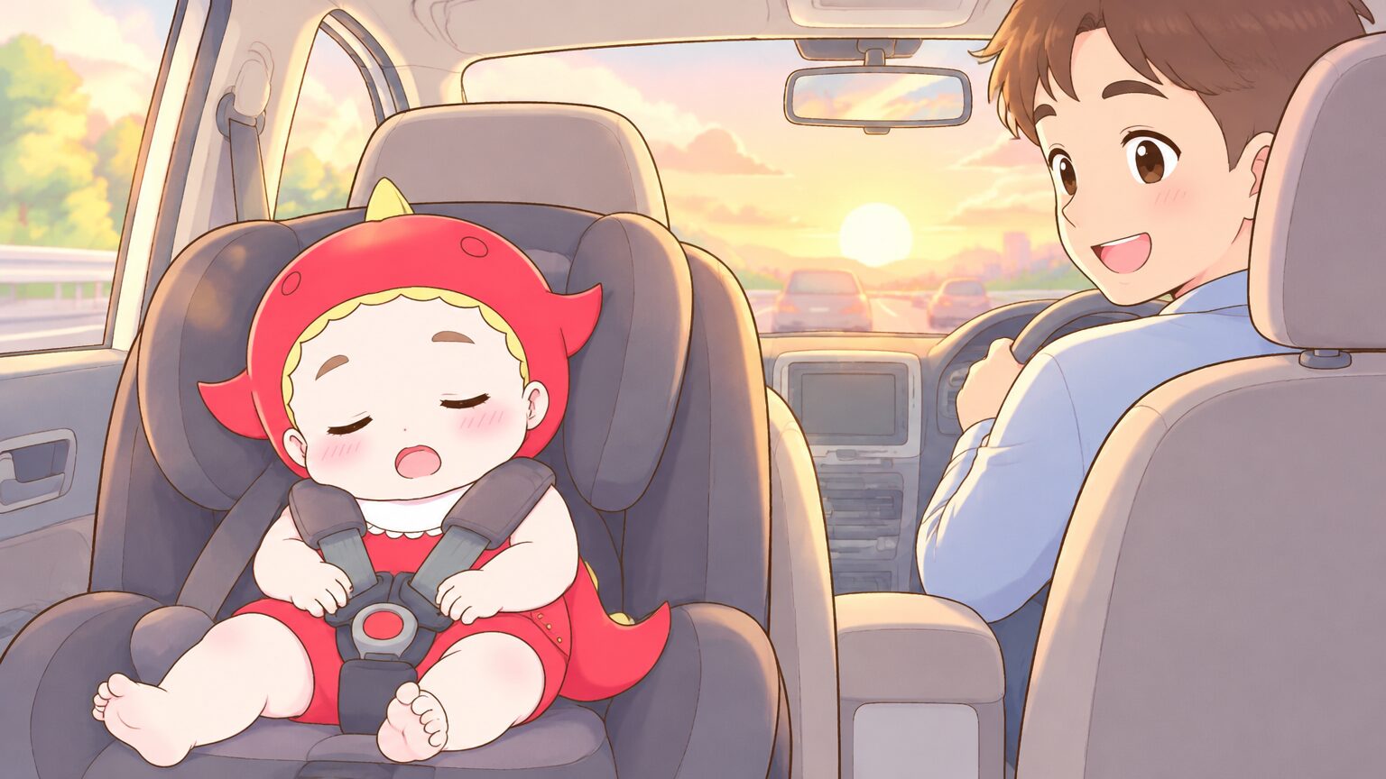 車の後部座席のチャイルドシートで眠る赤ちゃんと、運転席から振り返って微笑む父親、夕方の光