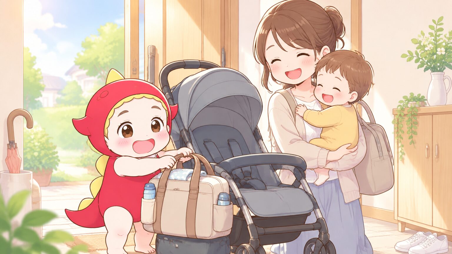 玄関先で赤ちゃんを抱っこしながら、ベビーカーの横にマザーズバッグを置いて笑顔で準備する母親の様子、明るい朝の光