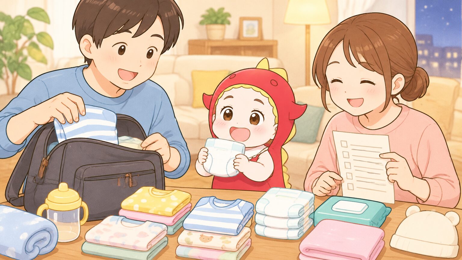 前夜のリビングでテーブルにおむつや着替えを並べ、チェックリストを見ながらバッグに詰める父親と母親