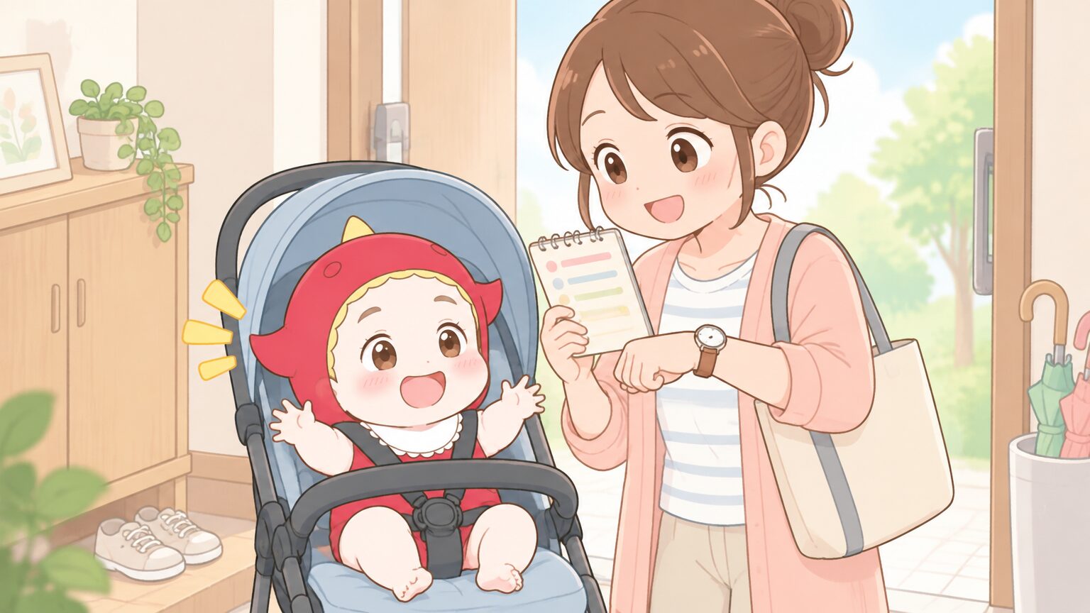 朝の玄関先で、帽子をかぶった1歳の子どもをベビーカーに乗せ、出発前に時計とスケジュールメモを確認する母親