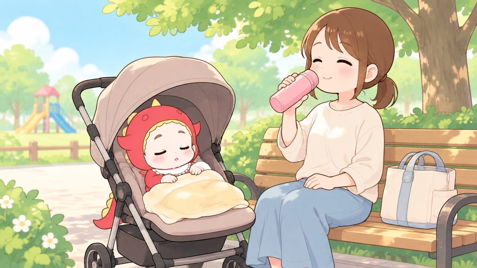 公園の木陰のベンチ横で、ベビーカーの日よけをおろして赤ちゃんがすやすや眠り、隣で親が水筒のお茶を飲んで休憩している様子