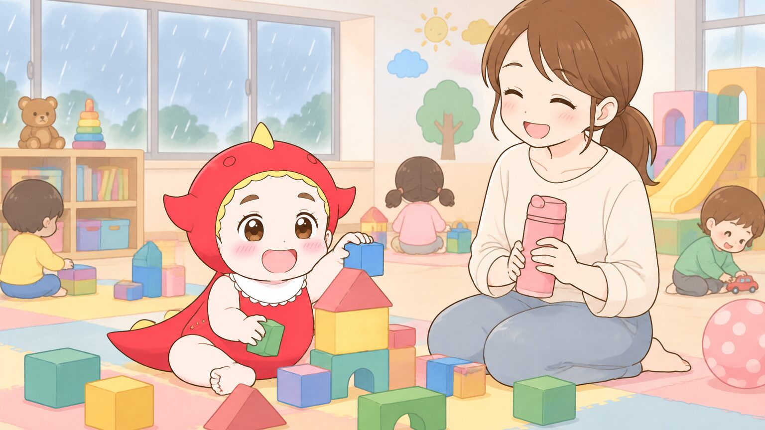 雨の日の児童館のプレイルームで、1歳の子どもがブロックで遊び、すぐそばで母親が水筒を手に見守っている明るい室内の様子