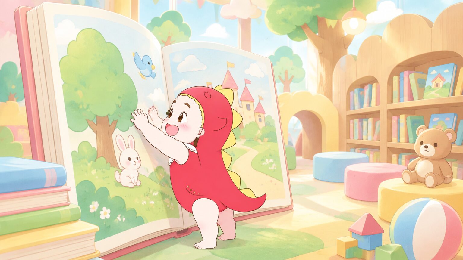 絵本の世界を再現した明るい屋内の遊び空間で、幼児が大きな絵本のオブジェに手を伸ばして遊ぶ様子