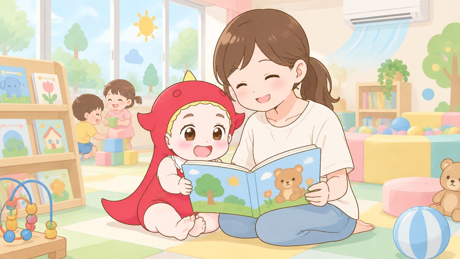 冷房の効いた明るい子ども向けスペースで、母親が幼児に絵本を読み聞かせている穏やかな昼前の風景