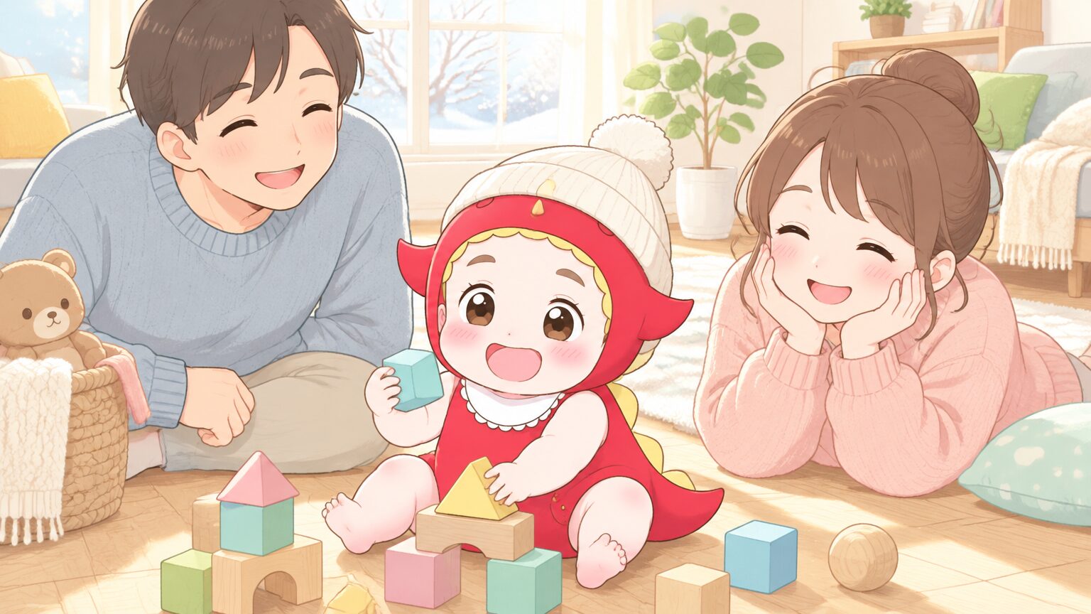 冬の昼間、あたたかい室内の木の床で、ニット帽をかぶった1歳の赤ちゃんが積み木で遊び、そばでパパとママが笑顔で見守っている様子