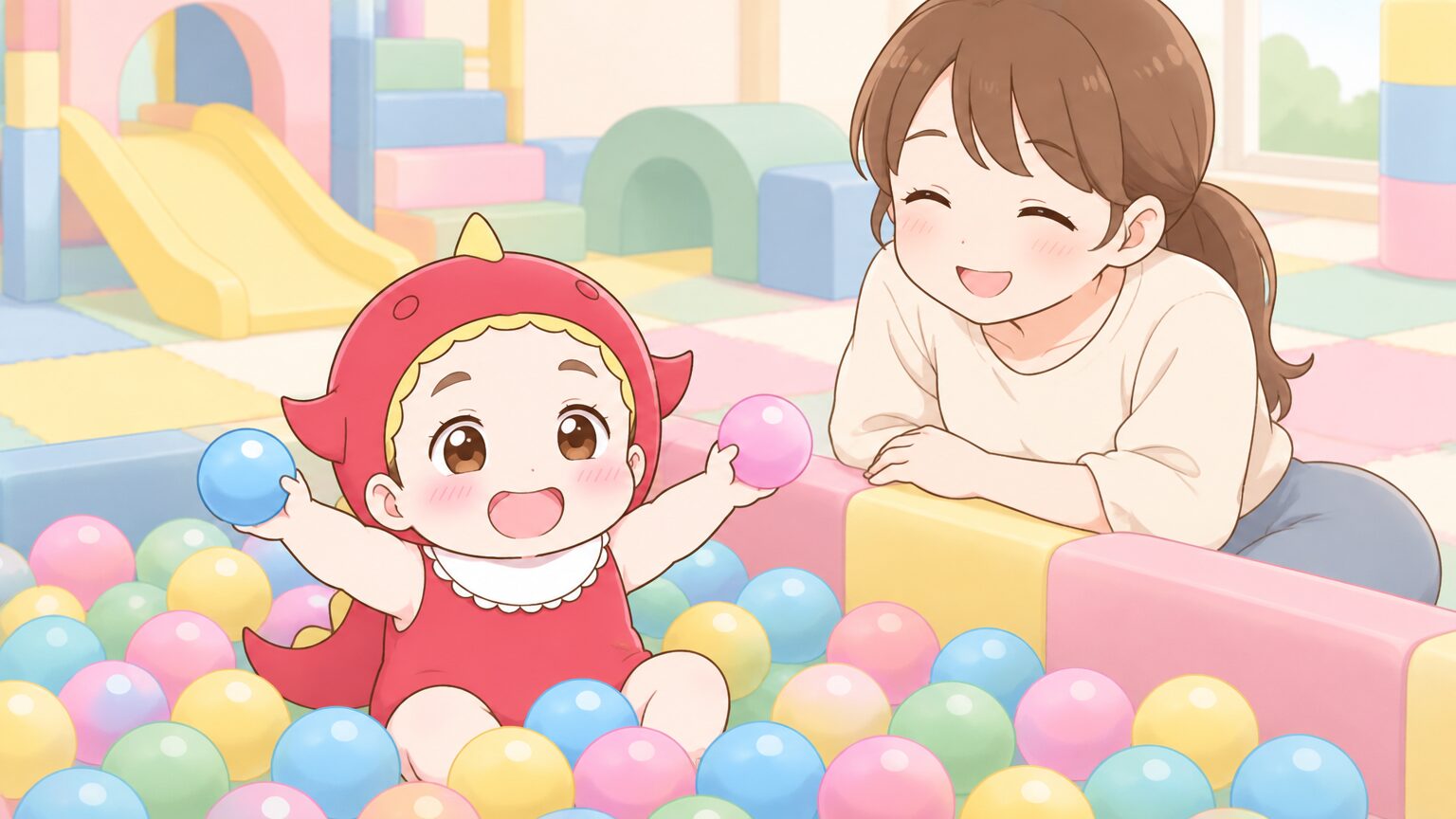 屋内遊び場のやわらかいマットの上で、2歳の女の子がボールプールに入って笑っている様子と、隣で見守るママ