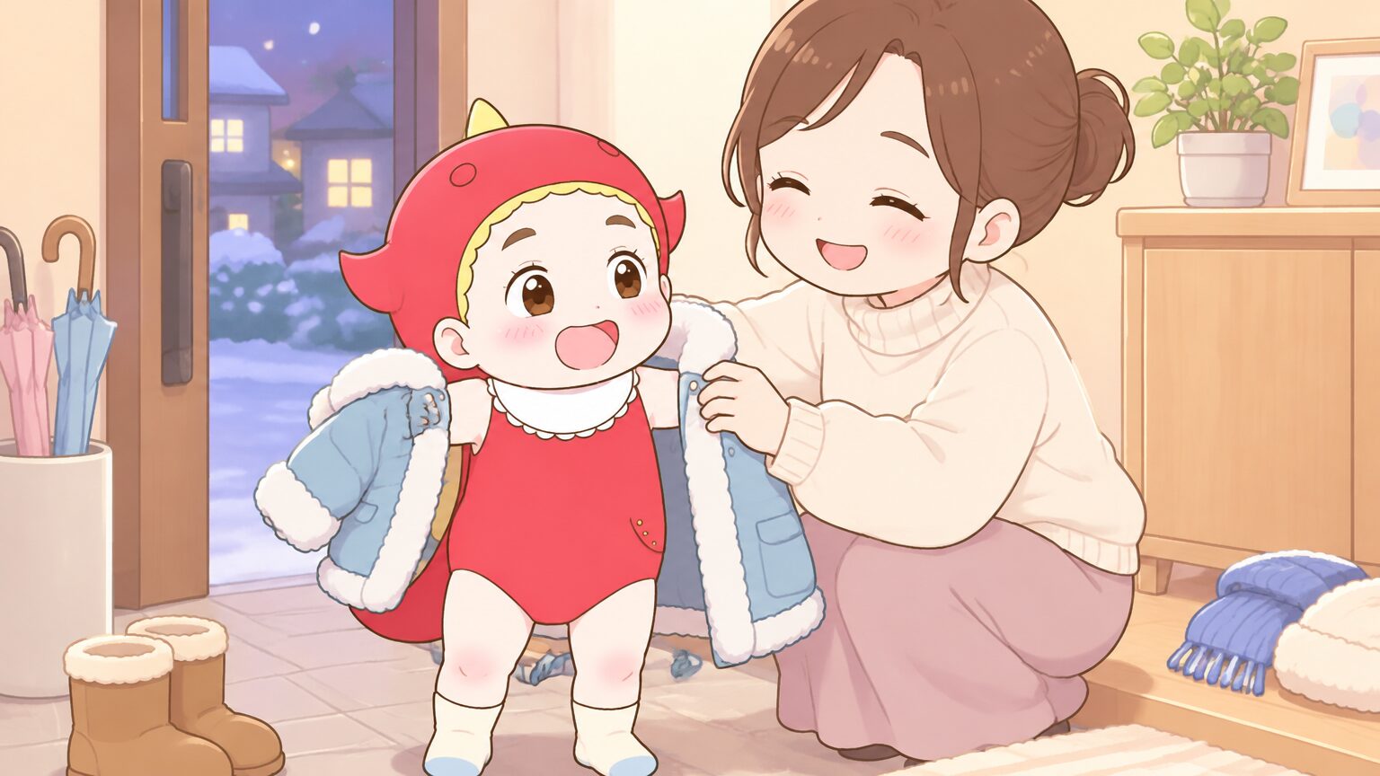 夕方、帰宅した玄関でコートを脱がせてもらう2歳の男の子と、ほっとした表情のママ